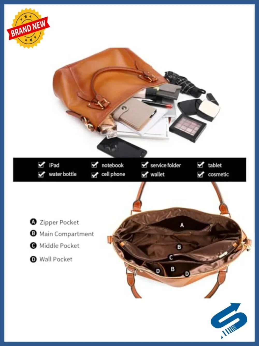 Genuine Leather Large Satchel Tote with Adjustable Strap for Women